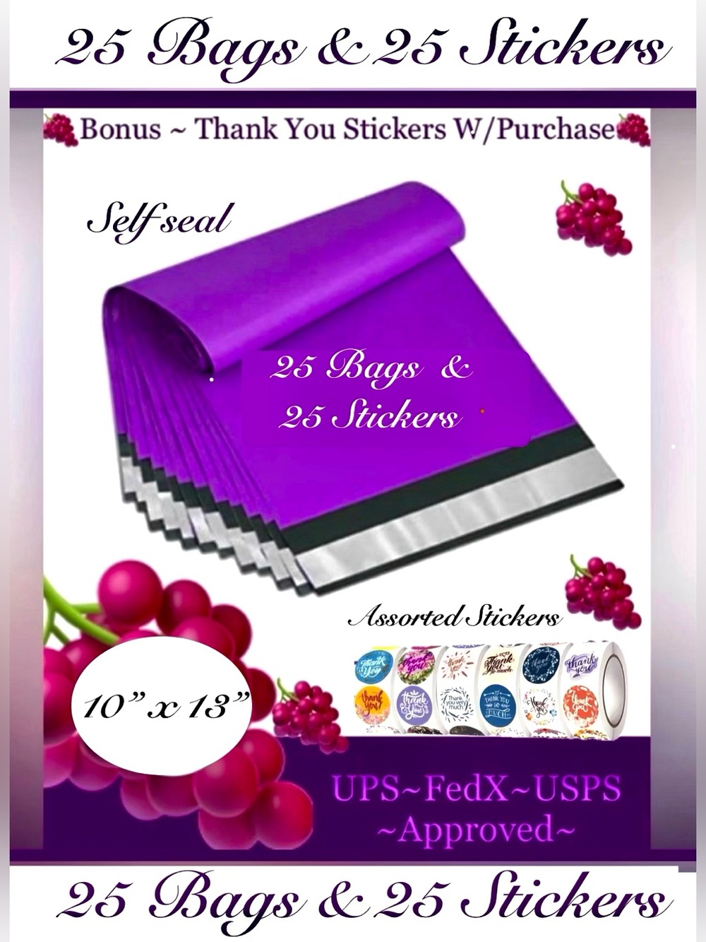 50pcs Shipping Package Kit ⭐️25-Purple Poly Mailers⭐️25-TY Stickers⭐️🆕⭐️